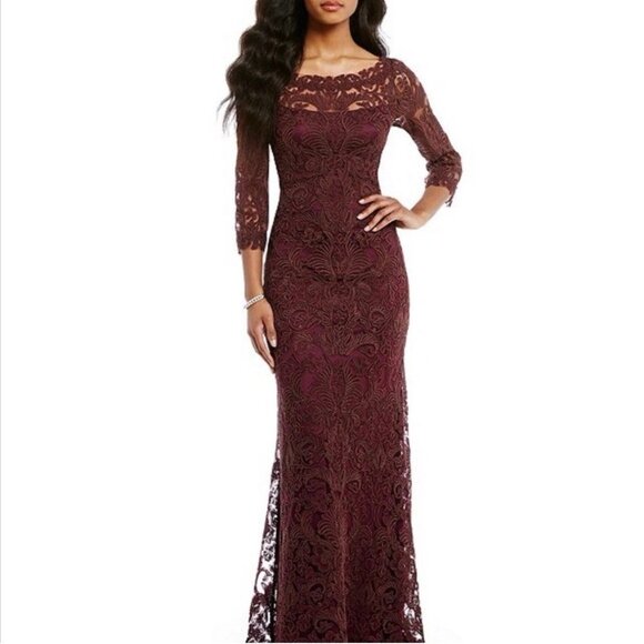 TADASHI SHOJI Burgundy Corded Embroidery/Lace Maxi Dress Sz 14 - Picture 1 of 12